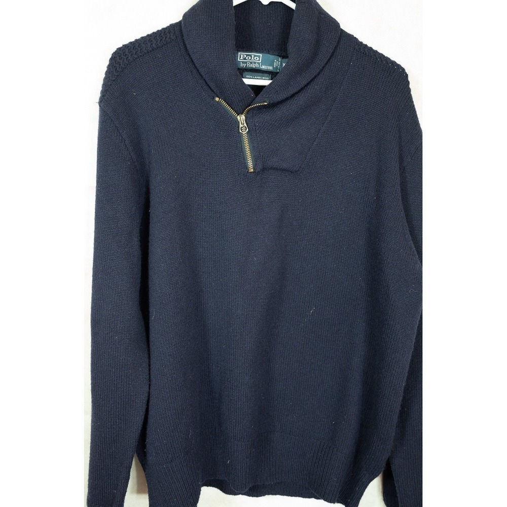 Polo Ralph Lauren Mens XL Navy Blue 100% Lambswool Shawl Collar 1/4 Zip Sweater